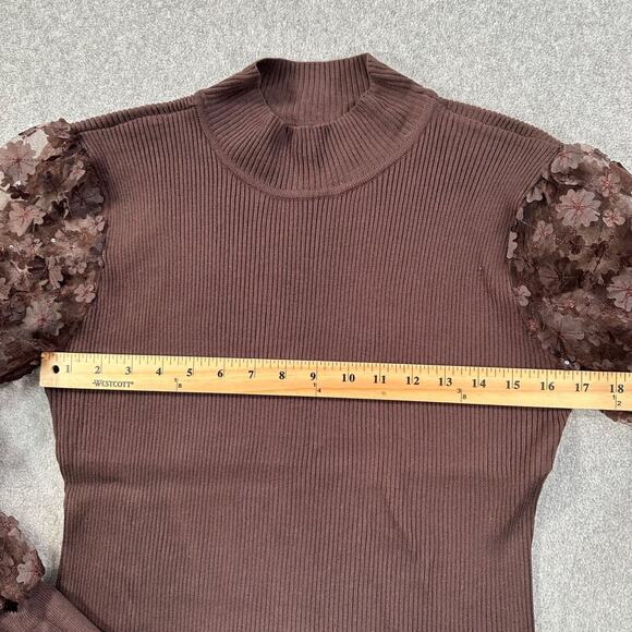 Cato Brown Ribbed Mock Neck Embellished Flower Blouse Women's XL Puff Sleeve - Picture 7 of 9